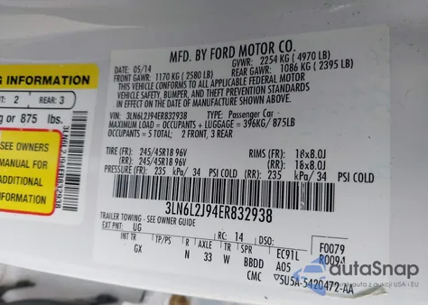 2014 Lincoln Mkz z USA, uszkodzony, nr VIN 3LN6L2J94ER832938